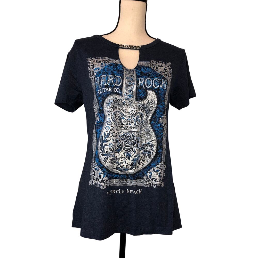 Hard Rock Ladies Shirt Size L Tee Blue Guitar Graphic Embellished Myrtle Beach